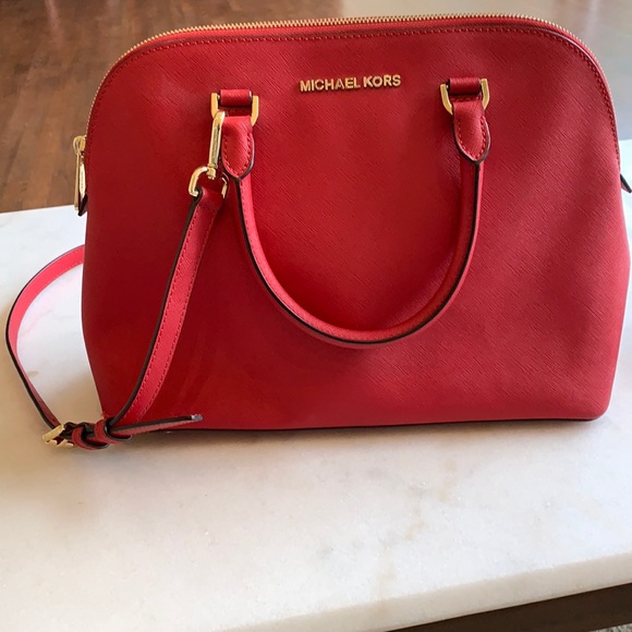 Michael Kors Leather Crossbody Handbag Purse - red and gold, Alma-like - Picture 1 of 4